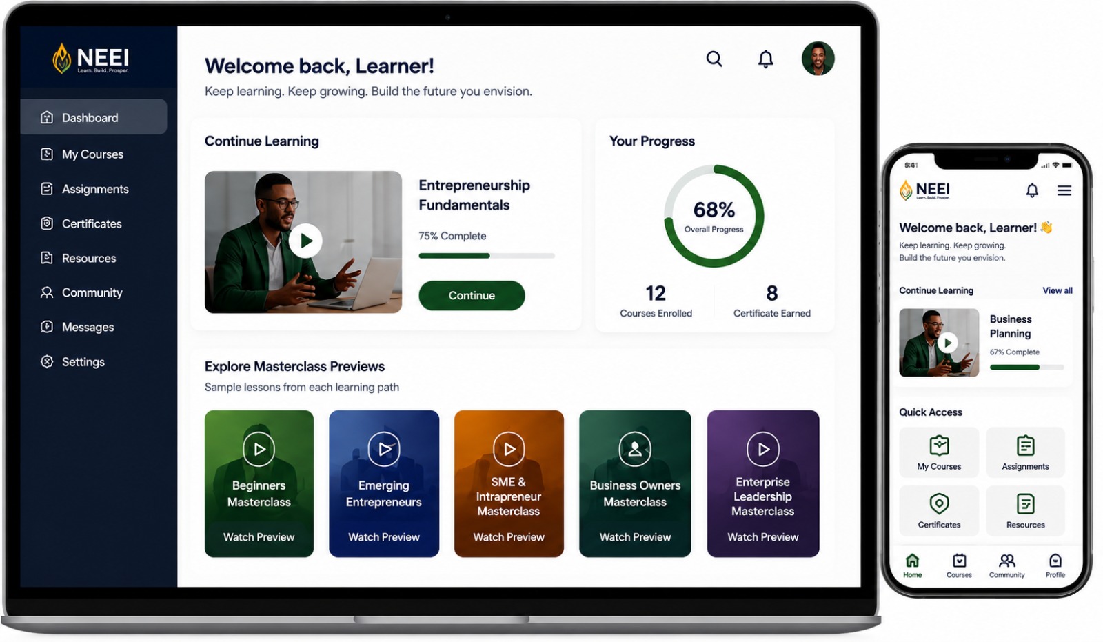 NEEI learner dashboard on laptop and mobile