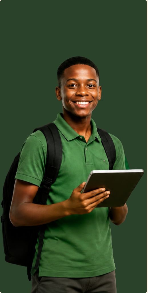 Young entrepreneur holding a tablet, backpack over his shoulder